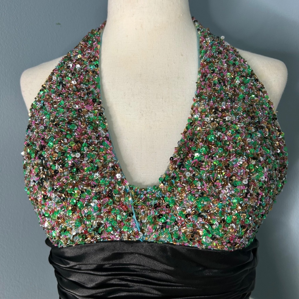 Cinderella Divine Halter Gown Sequin Beaded Abstract art Print Prom Dress Y2K - Picture 3 of 14